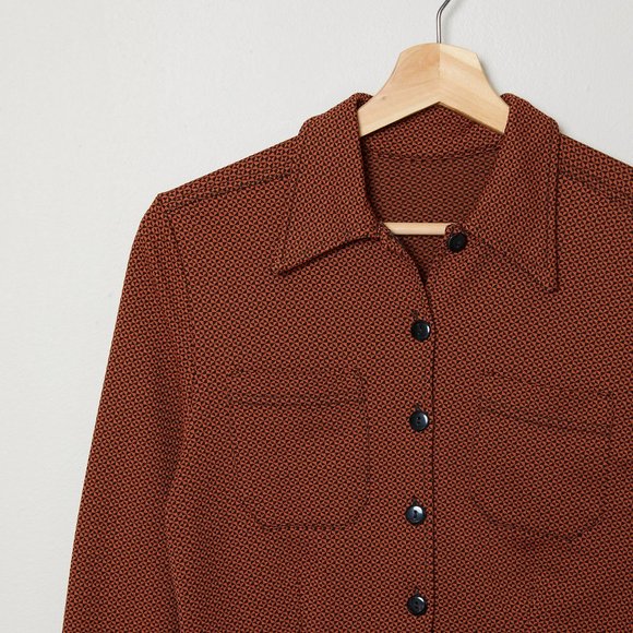 Vtg 70s Rust Geometric Print Knit Top S - Picture 4 of 9